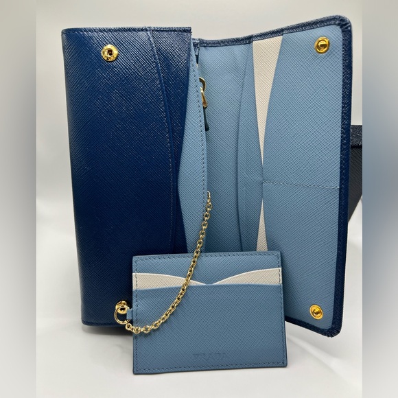 EUC π¦ PRADA Large Navy Blue Saffiano Leather Wallet ID Card Case Gold Chain Box - Picture 10 of 16